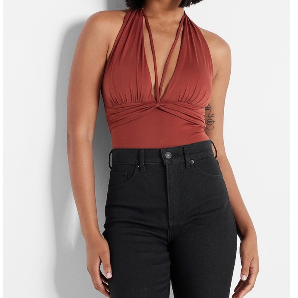 NWT, Express Silky Strappy Front Halter Thong Bodysuit With Removable Cups, M